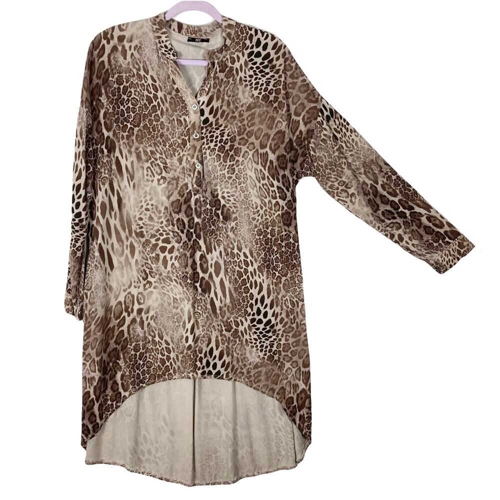 NWOT NT BY AMATI Dress One Size ~L Brown Animal High-Low Curve-Hem Long-Sleeve